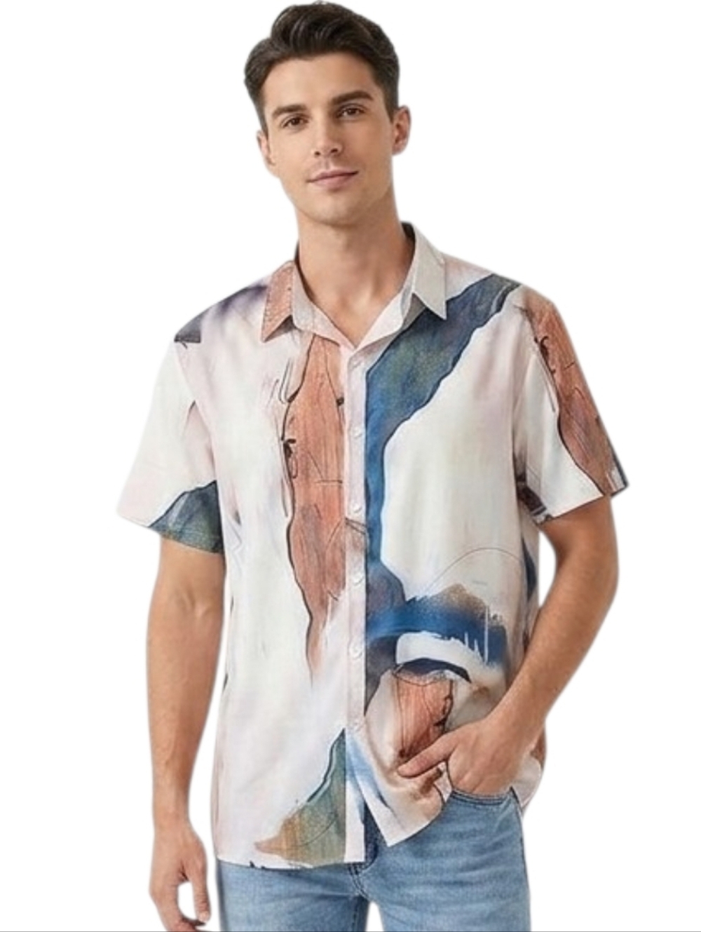 ROMWE Men’s Abstract Print Button Down Shirt Large Polyester Spandex Blend